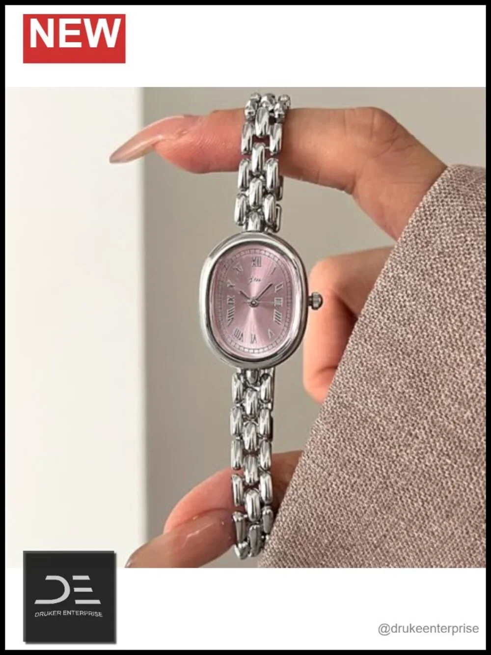 Elegant Oval Quartz Analog Wristwatch with Metal Link Band, Roman Numeral Dial,